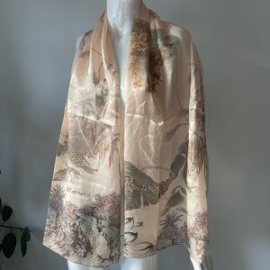 new Silk Illustrated Scarf Botanical & Bird Print Neutral Blush Tones 20” x 66”